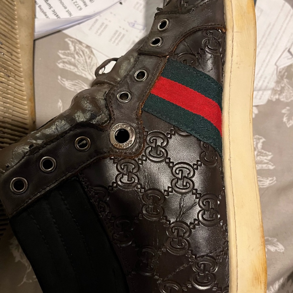 Gucci Brown Leather High-Top Boots with Red & Green Stripe - Picture 11 of 14